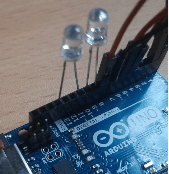Step 6,7 Connect the positive and negative terminal of one LED to Pin 11 and the GND of the Arduino respectively.| Connect the positive and negative terminal of the other LED to Pin 9 and Pin 10 of the Arduino respectively.